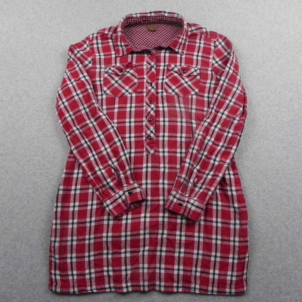Copper Key Plaid Tunic Shirt Womens XL Red Cotton Long Sleeve Button Pockets Top